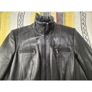AVANTI Womens L Vintage Black 100% Leather ZipUp Moto Bomber Jacket Silky Lining